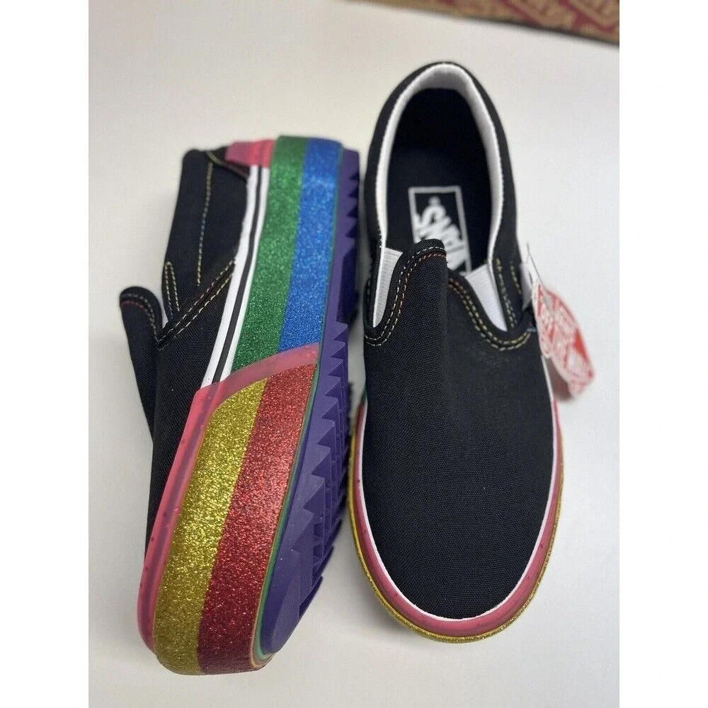Vans Sneakers Classic Slip On Platform Black Glitter Rainbow Women 5.5 Pride New